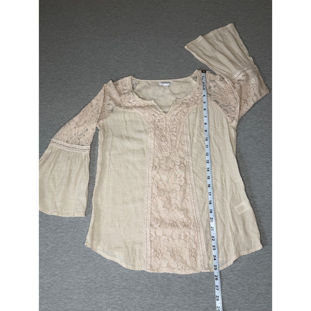 Westport Womens Cream Lace Bell Sleeve Boho Blouse Small Crinkle Split Neck Top - Picture 3 of 7